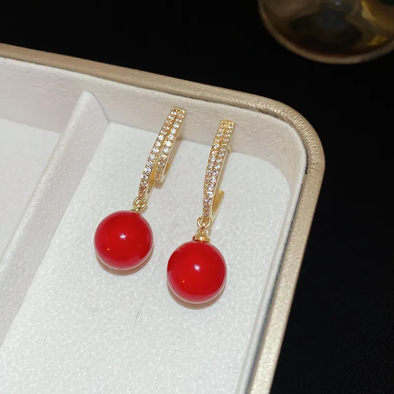 Gold Red Ball Drop Earrings - Earrings - 18k Gold Plated Waterproof Jewellery - Collection 9
