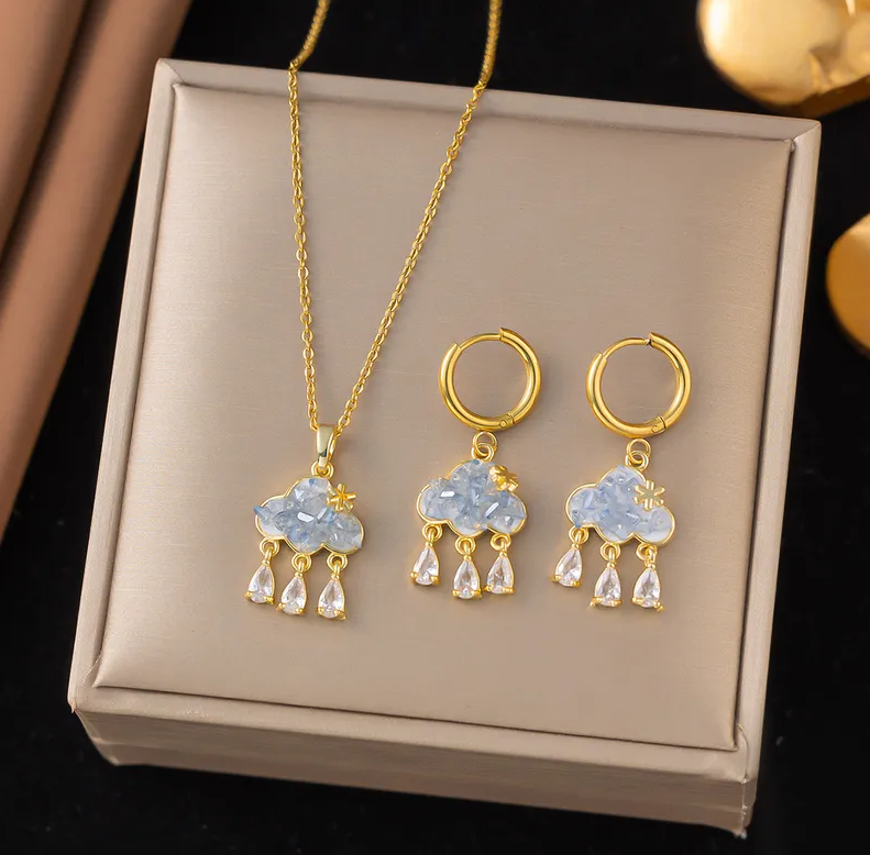 Gold Cloud Raindrop Jewellery Set - Jewellery Set - 18k Gold Plated Waterproof Jewellery - Collection 9