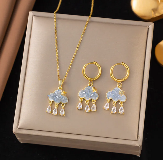 Gold Cloud Raindrop Jewellery Set - Jewellery Set - 18k Gold Plated Waterproof Jewellery - Collection 9