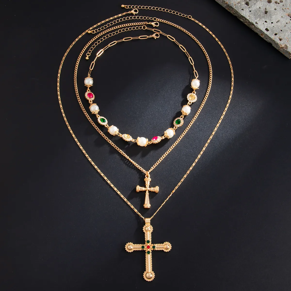 Gold Pearl Cross Layered Necklace Set - Necklace - 18k Gold Plated Waterproof Jewellery - Collection 9