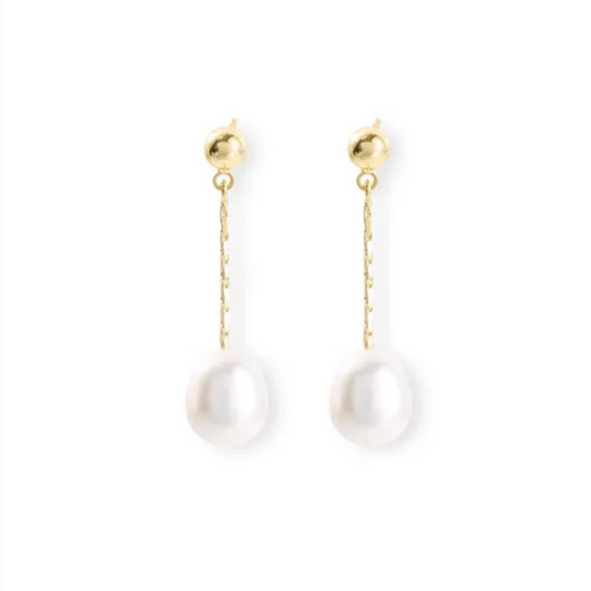 Gold Chain Freshwater Pearl Drop Earrings - - 18k Gold Plated Waterproof Jewellery - Collection 9