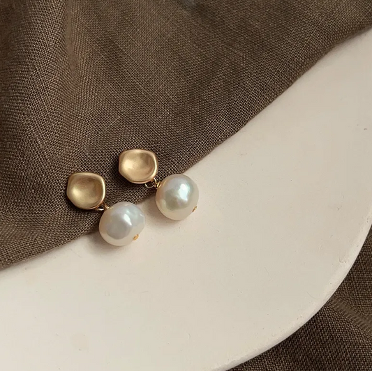 Gold Cushion Freshwater Pearl Drop Earrings - - 18k Gold Plated Waterproof Jewellery - Collection 9