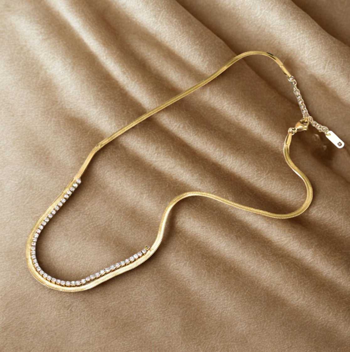 Gold Herringbone Chain with Crystal Accents - Necklace - 18k Gold Plated Waterproof Jewellery - Collection 9