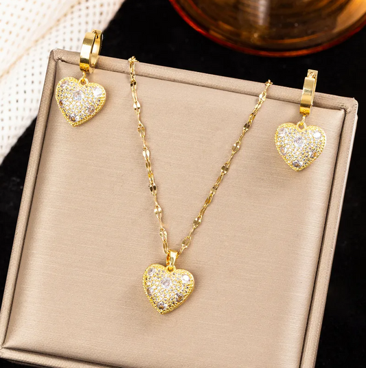 Gold Heart Crystal Jewellery Set - Jewellery Set - 18k Gold Plated Waterproof Jewellery - Collection 9