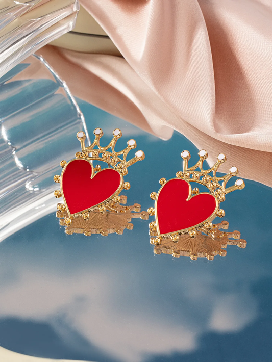 Gold Red Heart Crown Stud Earrings - Earrings - 18k Gold Plated Waterproof Jewellery - Collection 9