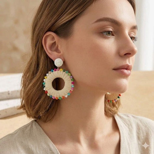 Multicolour Raffia Rosette Hoop Drop Earrings - Collection 9 Ltd
