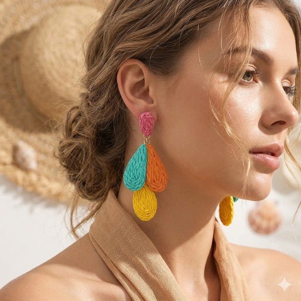 Multicolour Triple Teardrop Raffia Drop Earrings - Drop Earrings - 18k Gold Plated Waterproof Jewellery - Collection 9