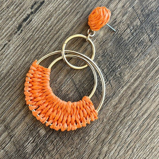 Orange Raffia Woven Crescent & Gold Double Hoop Drop Earrings - Collection 9 Ltd