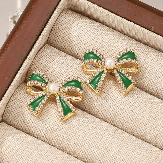 Pearl & Enamel Bow Stud Earrings - Earrings - 18k Gold Plated Waterproof Jewellery - Collection 9