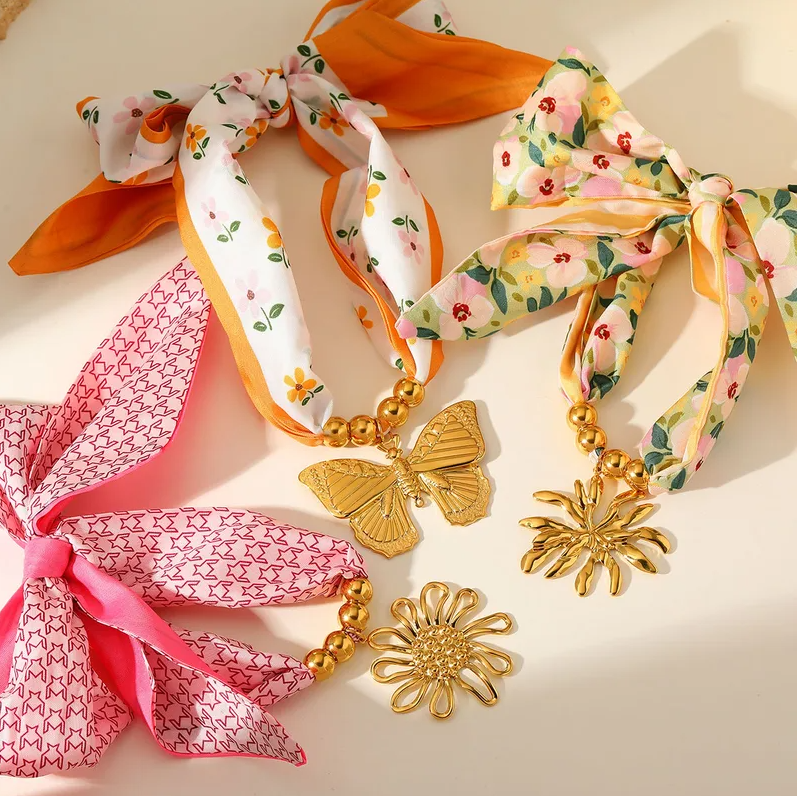 Pink Bow Gold Daisy Scarf Necklace - Jewelry - 18k Gold Plated Waterproof Jewellery - Collection 9