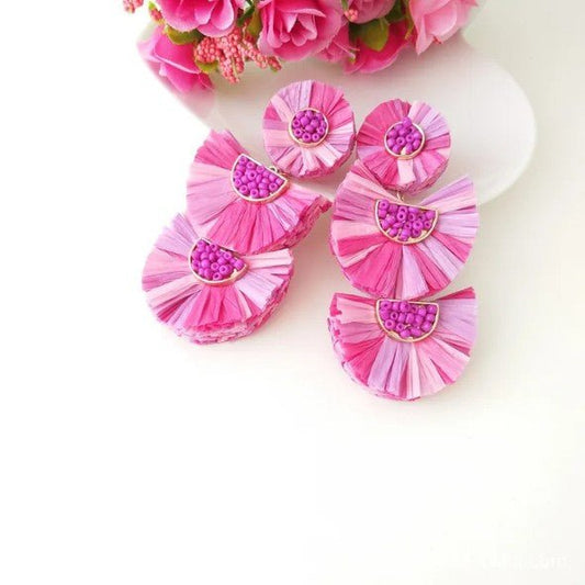 Raffia Fan Fringe & Seed Bead Double Drop Earrings - Collection 9 Ltd