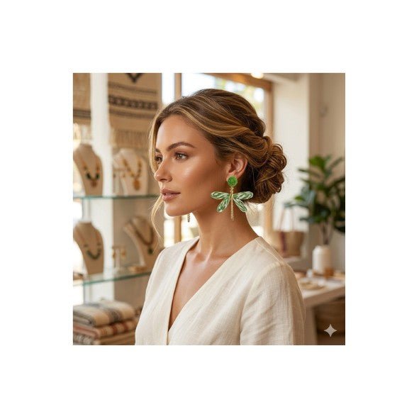 Raffia Woven Dragonfly & Gold Body Drop Earrings - Drop Earrings - 18k Gold Plated Waterproof Jewellery - Collection 9