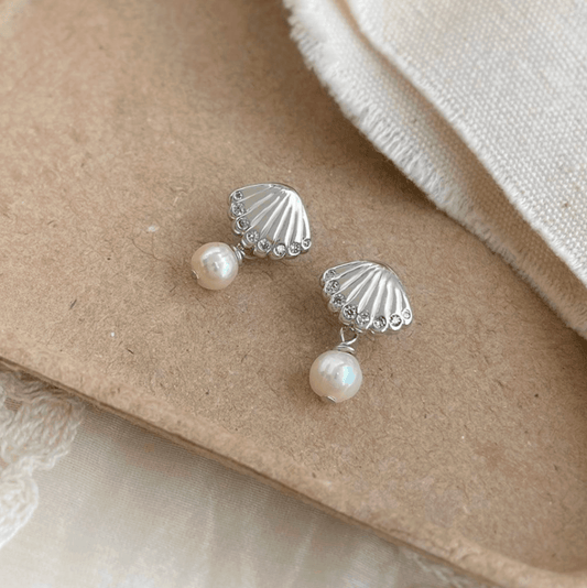 Silver Shell Freshwater Pearl Drop Earrings - - 18k Gold Plated Waterproof Jewellery - Collection 9