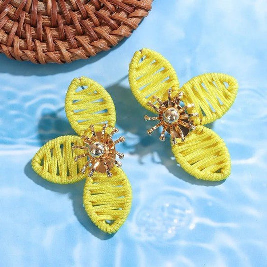 Yellow Raffia Four - Petal Flower & Gold Sunburst Stud Earrings - Collection 9 Ltd