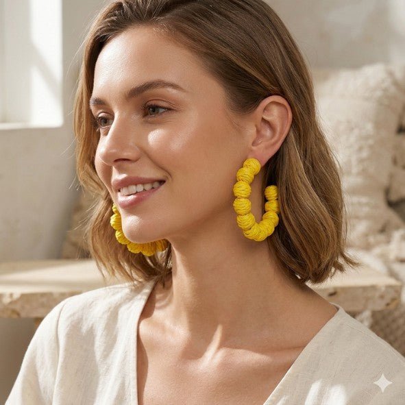 Yellow Raffia Wrapped Ball Hoop Earrings - Collection 9 Ltd