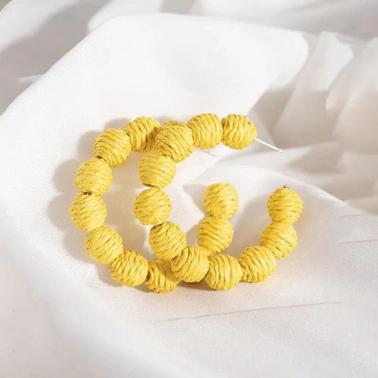Yellow Raffia Wrapped Ball Hoop Earrings - Collection 9 Ltd