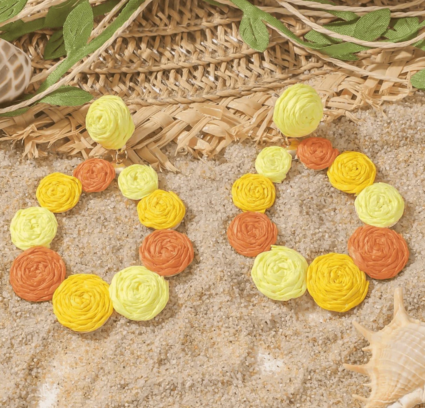Yellow & Terracotta Raffia Coil Rosette Hoop Drop Earrings - Drop Earrings - 18k Gold Plated Waterproof Jewellery - Collection 9