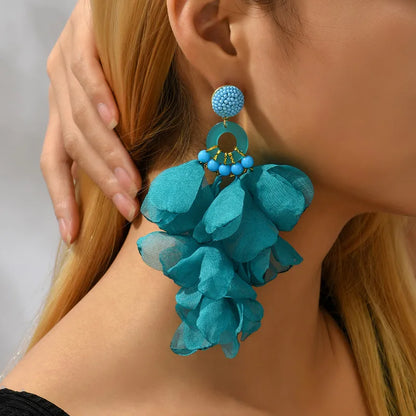 Chiffon Petal Bloom & Beaded Ring Drop Earrings - Drop Earrings - 18k Gold Plated Waterproof Jewellery - Collection 9