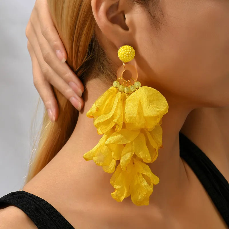 Chiffon Petal Bloom & Beaded Ring Drop Earrings - Drop Earrings - 18k Gold Plated Waterproof Jewellery - Collection 9