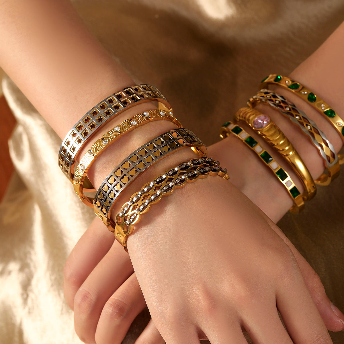 Gold Plated Two Tone Wave Lattice Crystal Bangle Bracelet - Bangle - 18k Gold Plated Waterproof Jewellery - Collection 9