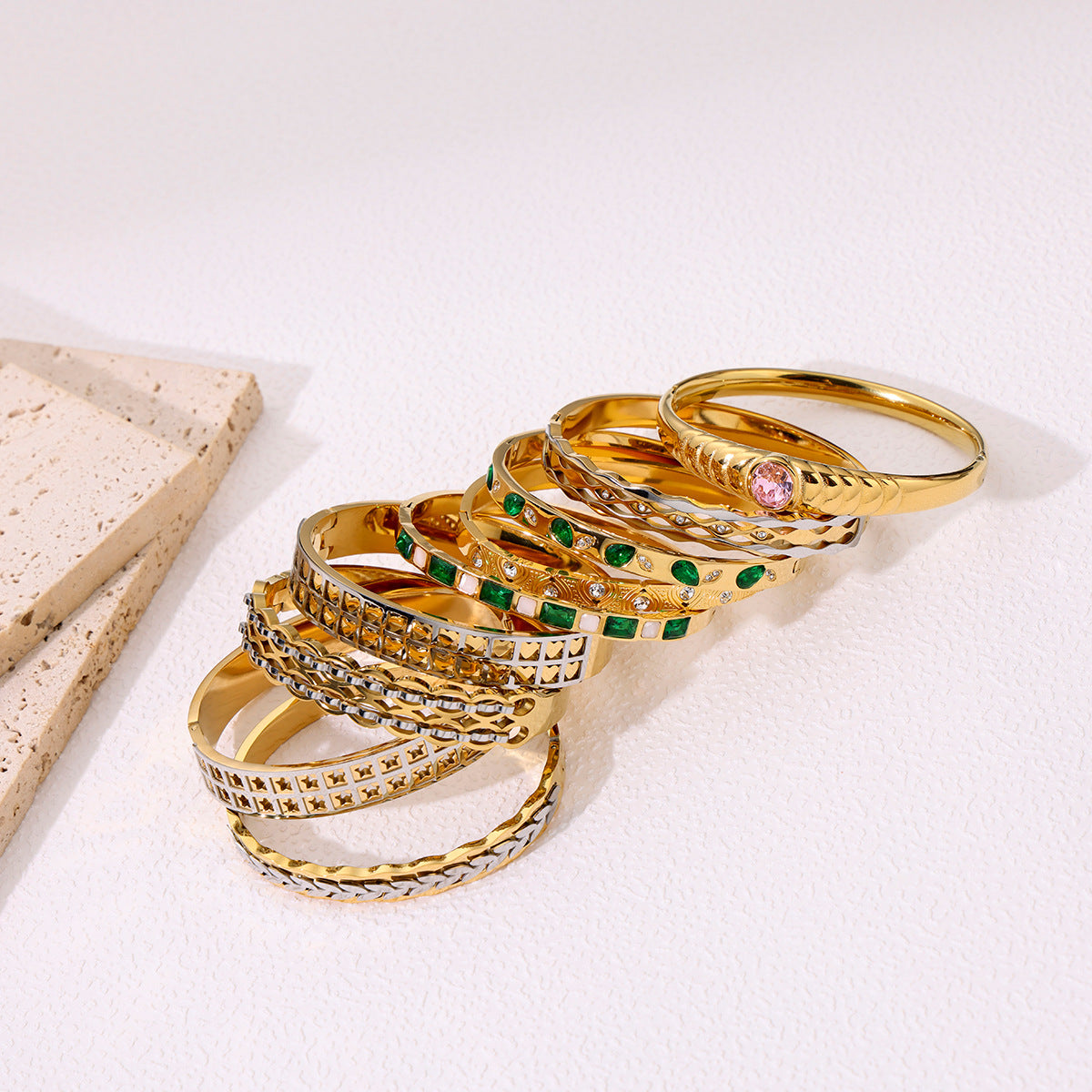 Gold Plated Two Tone Wave Lattice Crystal Bangle Bracelet - Bangle - 18k Gold Plated Waterproof Jewellery - Collection 9