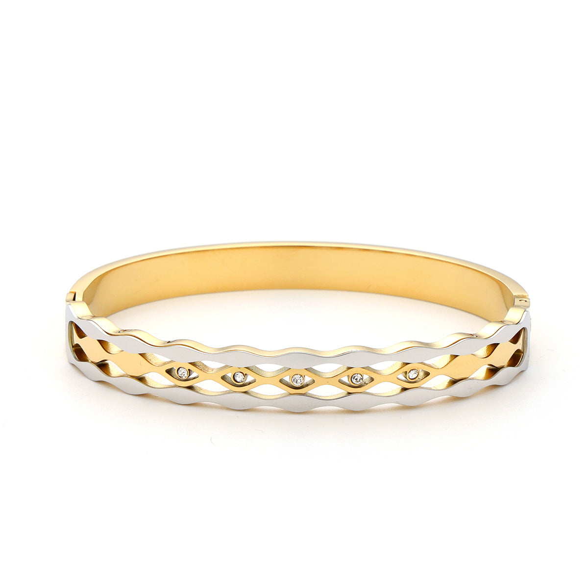 Gold Plated Two Tone Wave Lattice Crystal Bangle Bracelet - Bangle - 18k Gold Plated Waterproof Jewellery - Collection 9