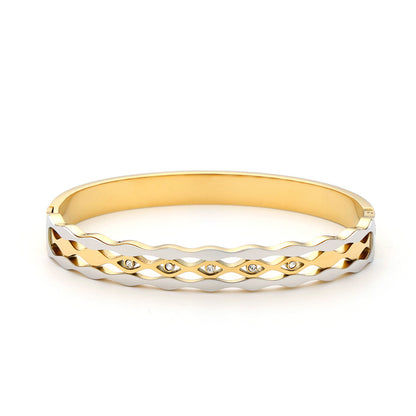 Gold Plated Two Tone Wave Lattice Crystal Bangle Bracelet - Bangle - 18k Gold Plated Waterproof Jewellery - Collection 9