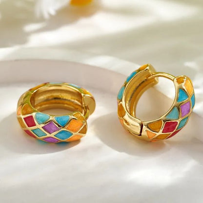 Enamel Mosaic Hoop Huggies Earrings