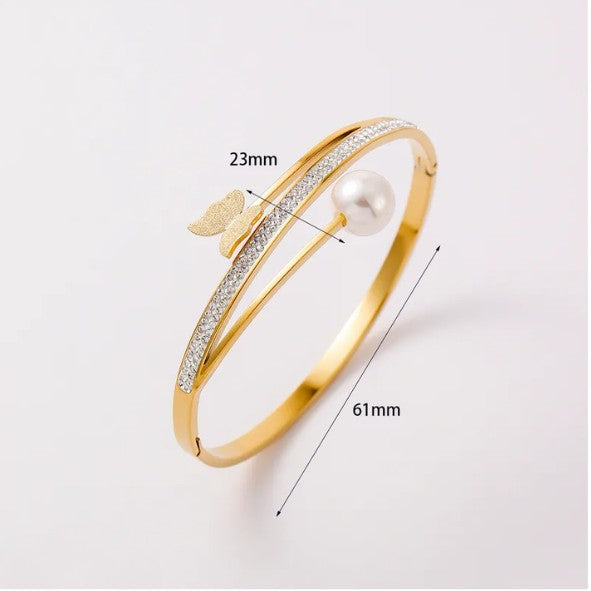 Gold Plated Pearl Butterfly Crystal Bangle Bracelet - Bangle - 18k Gold Plated Waterproof Jewellery - Collection 9