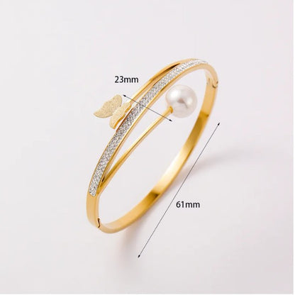 Gold Plated Pearl Butterfly Crystal Bangle Bracelet - Bangle - 18k Gold Plated Waterproof Jewellery - Collection 9