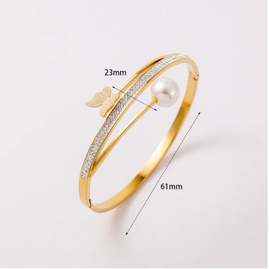 Gold Plated Pearl Butterfly Crystal Bangle Bracelet - Bangle - 18k Gold Plated Waterproof Jewellery - Collection 9