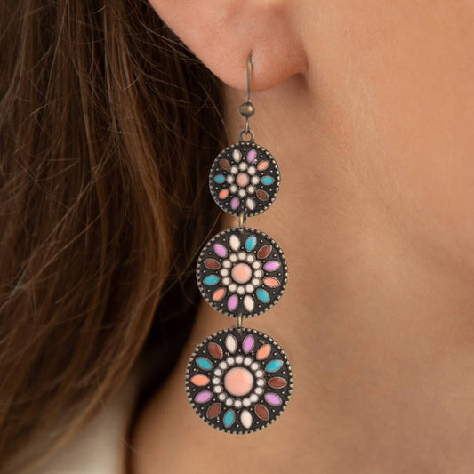 Antique Copper Triple Disc Peach Enamel & Pearl Dot Drop Earrings - Drop Earrings - 18k Gold Plated Waterproof Jewellery - Collection 9