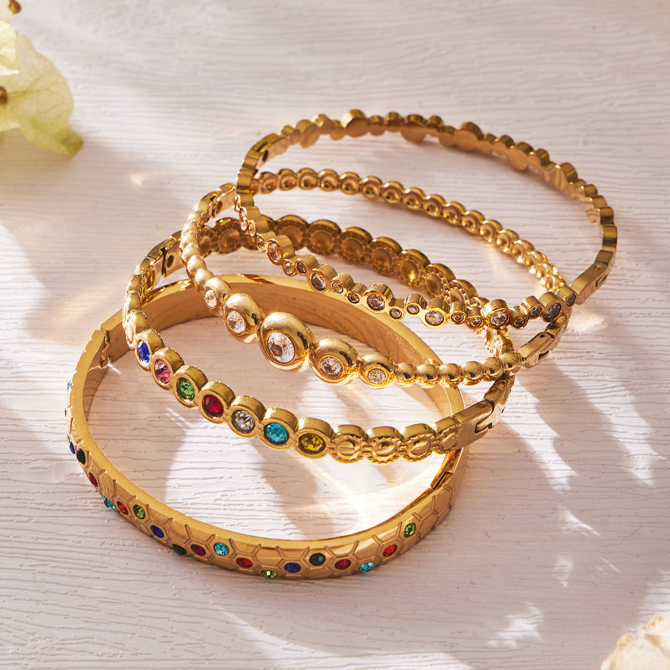 Gold Beaded Bangle with Zircon Stones - Bangle - 18k Gold Plated Waterproof Jewellery - Collection 9