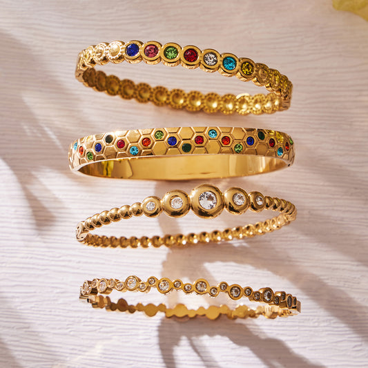 Gold Beaded Bangle with Zircon Stones - Bangle - 18k Gold Plated Waterproof Jewellery - Collection 9
