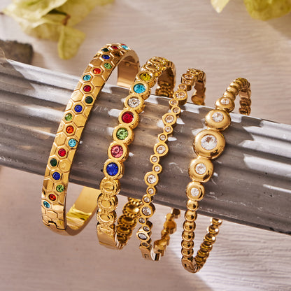 Gold Beaded Bangle with Zircon Stones - Bangle - 18k Gold Plated Waterproof Jewellery - Collection 9