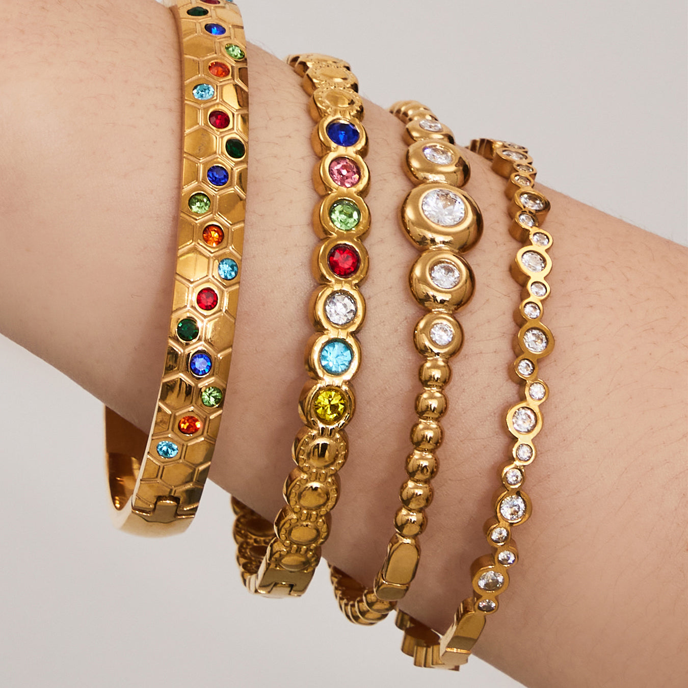 Gold Beaded Bangle with Zircon Stones - Bangle - 18k Gold Plated Waterproof Jewellery - Collection 9