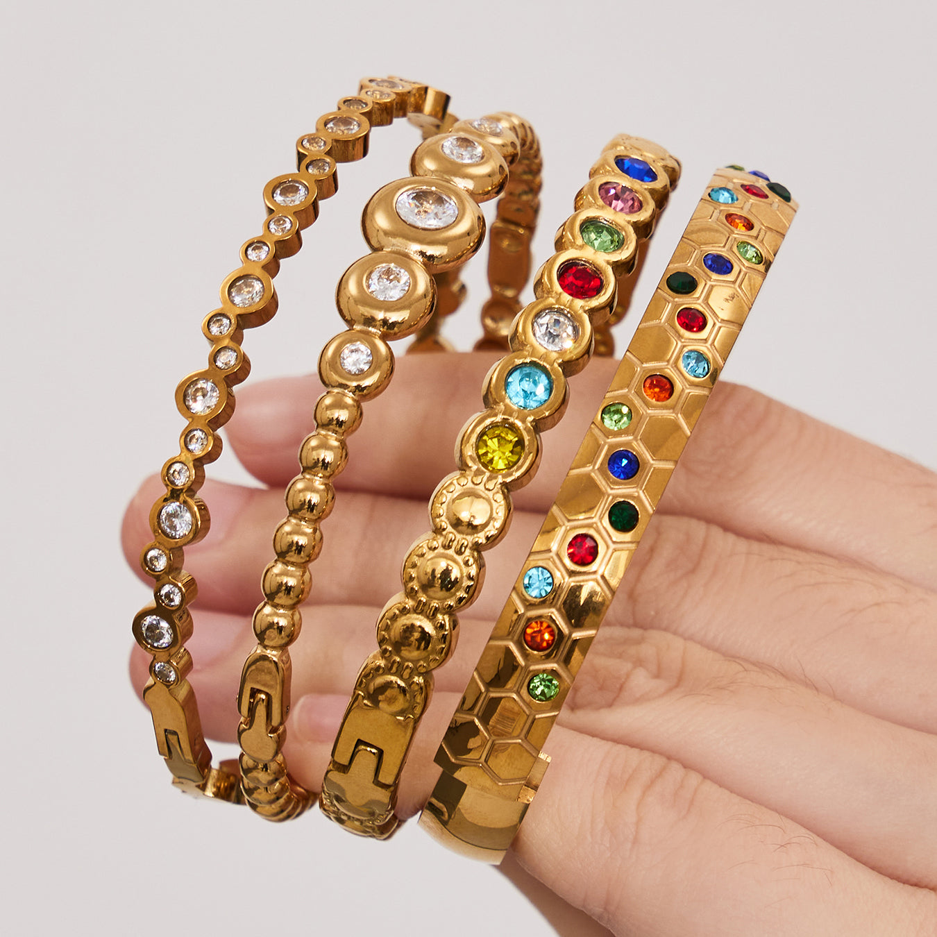 Gold Beaded Bangle with Zircon Stones - Bangle - 18k Gold Plated Waterproof Jewellery - Collection 9