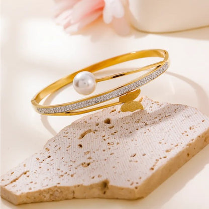 Gold Plated Pearl Butterfly Crystal Bangle Bracelet - Bangle - 18k Gold Plated Waterproof Jewellery - Collection 9