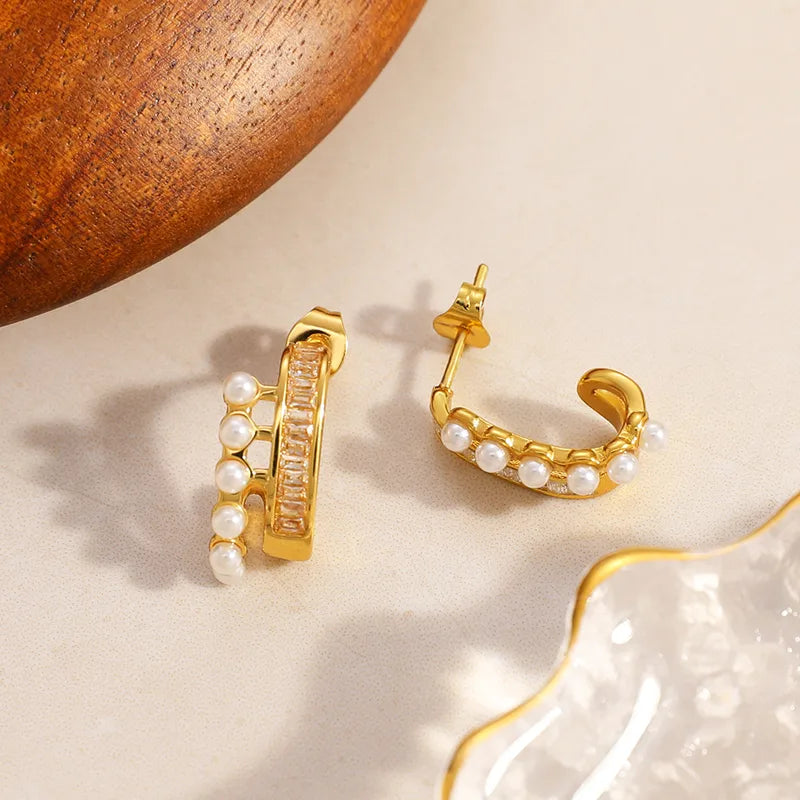 Gold Double Layer Rhinestone & Oval Zircon C-Hoop Earrings - Hoop Earrings - 18k Gold Plated Waterproof Jewellery - Collection 9