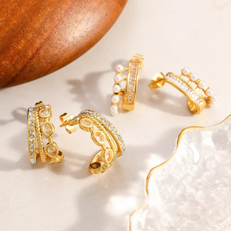 Gold Double Layer Rhinestone & Oval Zircon C-Hoop Earrings - Hoop Earrings - 18k Gold Plated Waterproof Jewellery - Collection 9