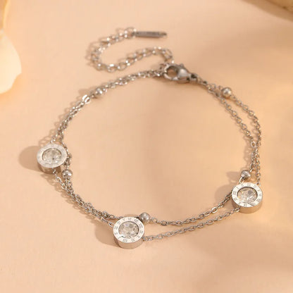 Gold Double Cable Chain Roman Numeral Crystal Disc Station Bracelet - Bracelets - 18k Gold Plated Waterproof Jewellery - Collection 9