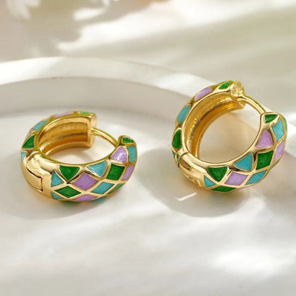 Enamel Mosaic Hoop Huggies Earrings