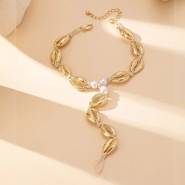 Gold Cowrie Shell & Pearl Bead Cord Anklet with Finger Ring - Anklets - 18k Gold Plated Waterproof Jewellery - Collection 9