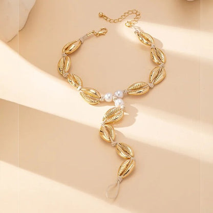 Gold Cowrie Shell & Pearl Bead Cord Anklet with Finger Ring - Anklets - 18k Gold Plated Waterproof Jewellery - Collection 9