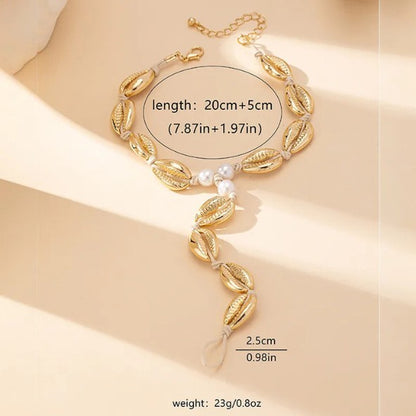 Gold Cowrie Shell & Pearl Bead Cord Anklet with Finger Ring - Anklets - 18k Gold Plated Waterproof Jewellery - Collection 9