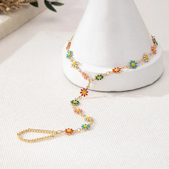 Gold Enamel Daisy Flower Chain Anklet with Finger Ring - Anklets - 18k Gold Plated Waterproof Jewellery - Collection 9
