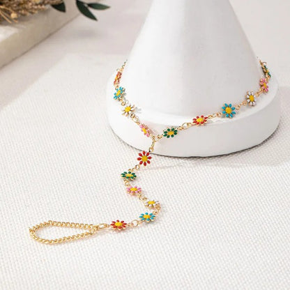 Gold Enamel Daisy Flower Chain Anklet with Finger Ring - Anklets - 18k Gold Plated Waterproof Jewellery - Collection 9