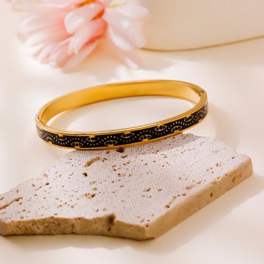 Gold Black Enamel Evil Eye Bangle - Bracelets - 18k Gold Plated Waterproof Jewellery - Collection 9