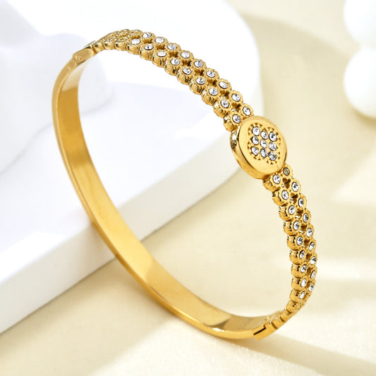 Gold Plated Floral Zircon Oval Centre Bangle Bracelet - Bangle - 18k Gold Plated Waterproof Jewellery - Collection 9