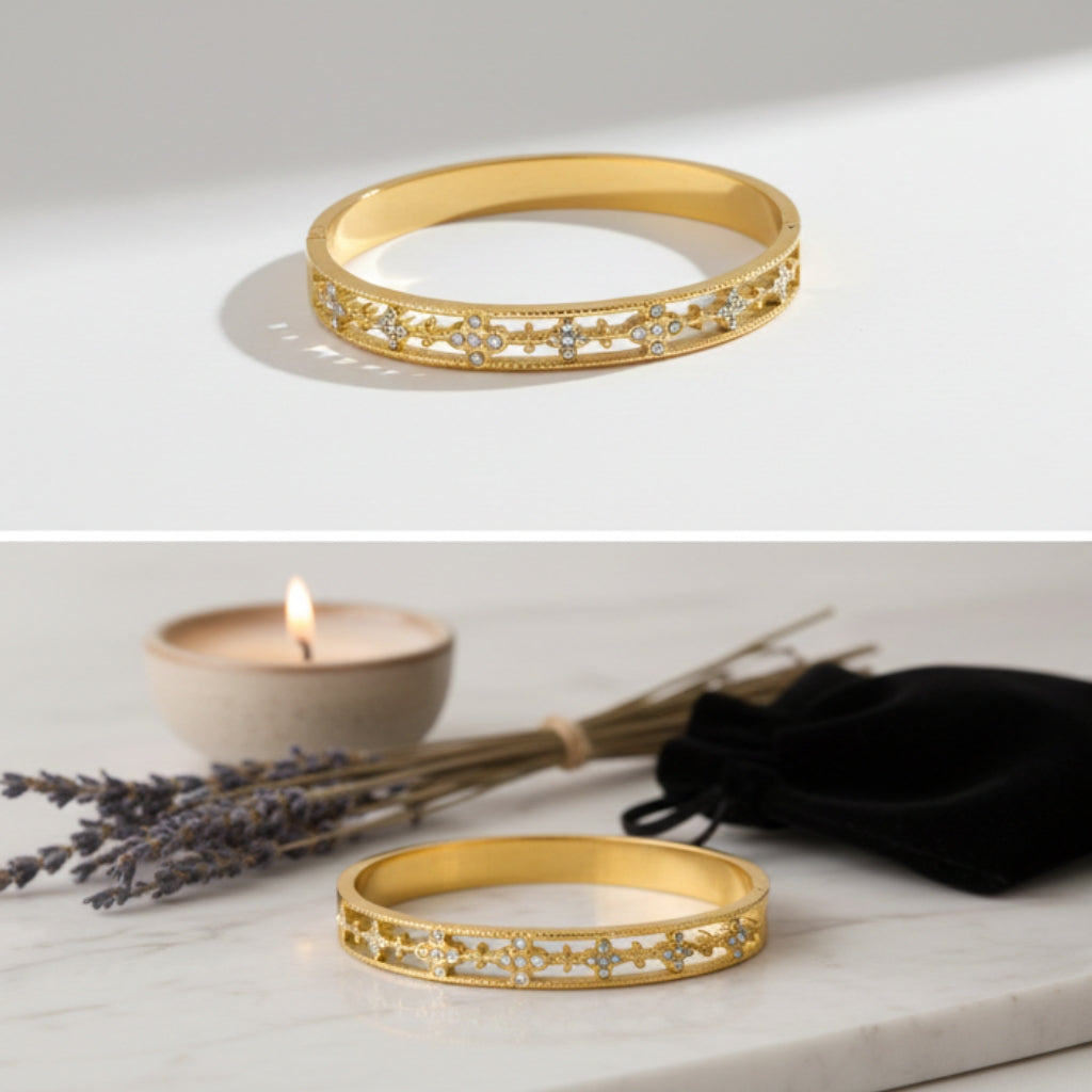 Gold Crystal Flower Bangle - Bracelets - 18k Gold Plated Waterproof Jewellery - Collection 9